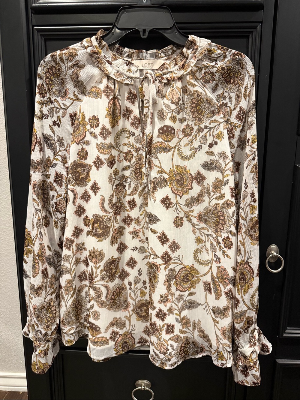LOFT Cream Paisley Tie-Neck Blouse with Brown and Gold Print